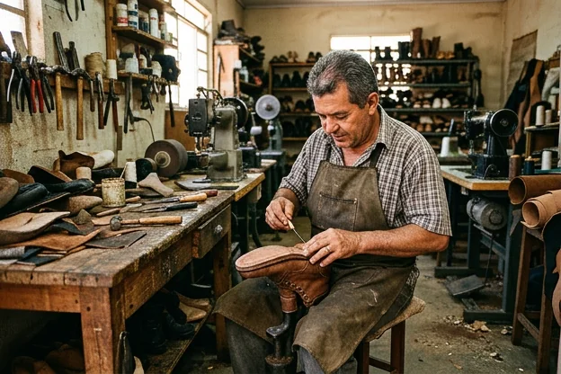 Sapateiro organizando seu espaço de trabalho com calçados em Sorriso.