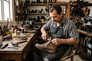 Sapateiro consertando o zíper de uma bota, ferramentas ao redor.