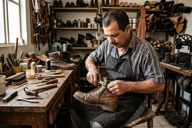 Sapateiro consertando o zíper de uma bota, ferramentas ao redor.