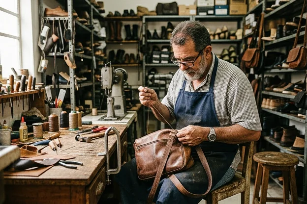 Sapateiro trabalhando na reforma de bolsa de couro com foco em detalhes do material.