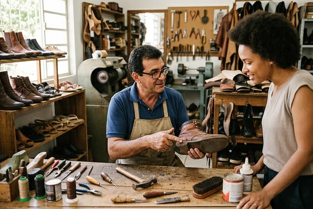 Sapateiro em Sorriso atendendo um cliente de forma profissional.